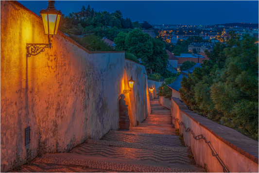Stairs to a blue city